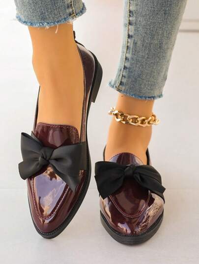 Fall/Winter Women's Shoes New Bow Knot Design Flat Shoes Suitable For Outdoor, Lightweight, Fashionable, Comfortable Pointed Toe Square Heel Daily, Work Black Shoes