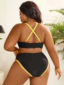 SHEIN Slayr CURVE Summer Beach Plus Size Women's Color Block Cross Back Bikini Set - Multicolor - View 2