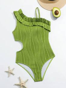 Tween Girl Asymmetrical Shoulder Textured One-Piece Swimsuit - Green - View 1