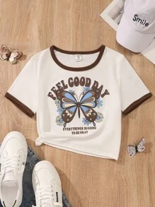 Cô gái Tween Giải trí Ngắn tay Loại bướm In Vòng cổ Áo thun - trắng - Xem 1