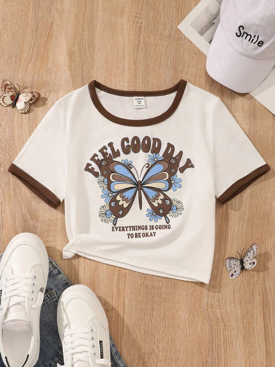 Cô gái Tween Giải trí Ngắn tay Loại bướm In Vòng cổ Áo thun - trắng - Xem 1