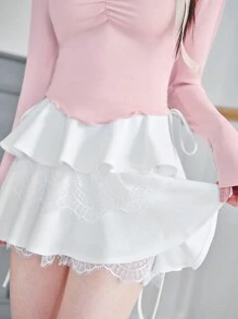 SHEINNeu 白色夏季短裙芭蕾蝴蝶结可爱蕾丝边短裙迷你短裙生日女士服装情人节衣服 - 白色 - 查看 3