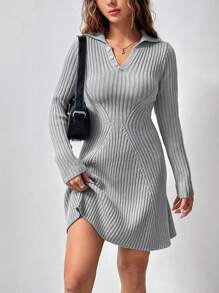 Flirla Vestido Suéter De Moda Con Cintura Ajustada - Gris - Ver 6