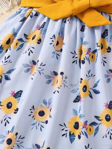 SHEIN 女童渡假風格花卉印花連身裙,帶大蝴蝶結細節 - 綠色 - 查看 4