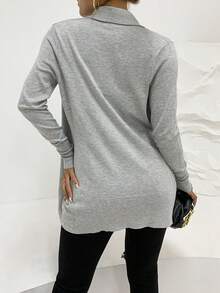 AAmilife Women's Knitted Ribbed Buttoned Cardigan With Puff Sleeves And Drawstring - Light Grey - View 2