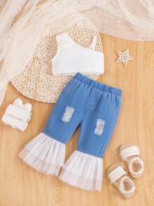 SHEIN 2pcs/Set Baby Girls' Bow Knot White Cami Top And Light Washed Ripped Double-Layers Tulle Denim Pants For Spring/Summer