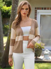 Anewsta Women's Color Block Button Up Cardigan