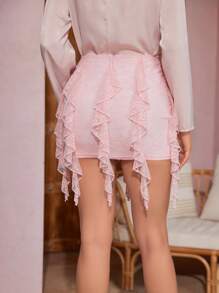 Zolique Women's Lace Splicing Ruffle Hem Skirt - Pink - View 2