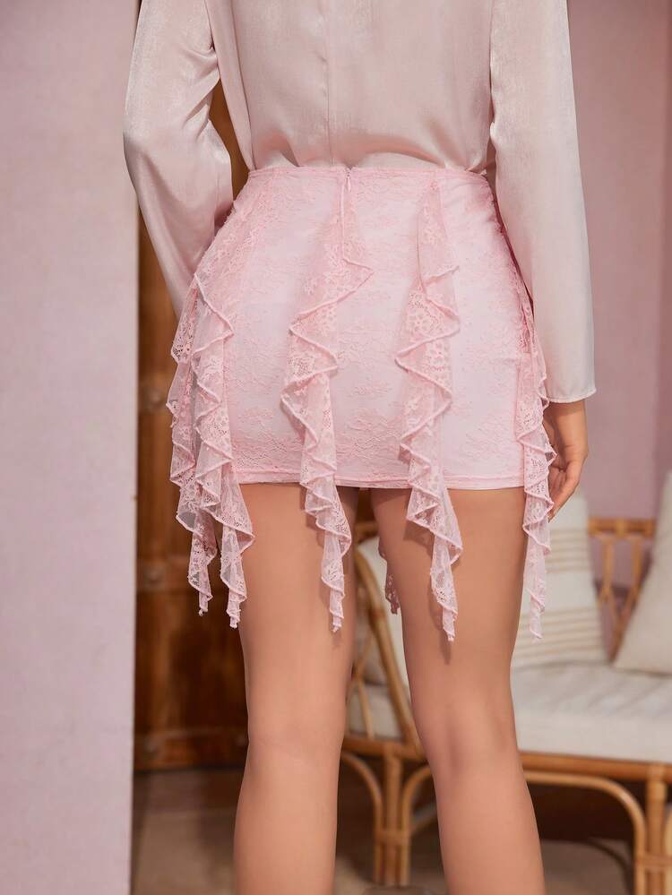 Women's Lace Splicing Ruffle Hem Skirt