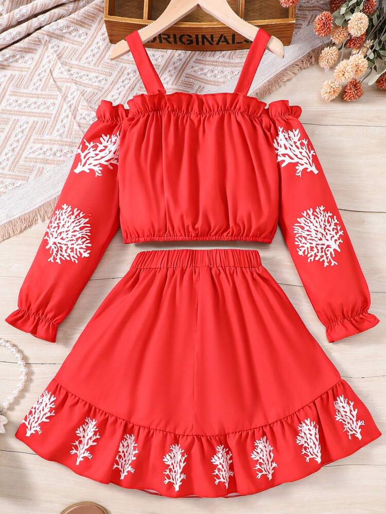 Tween Girls' Coral Printed Off-Shoulder Top And Skirt Set