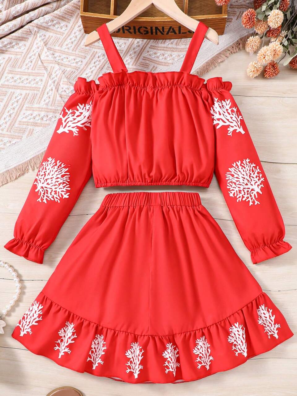 Tween Girls' Coral Printed Off-Shoulder Top And Skirt Set