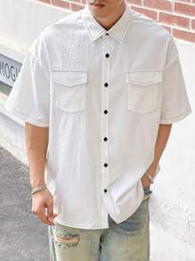 Manfinity Roghcode Nam Ngắn tay Áo sơ mi Với Nút lên Khép kín Và Flap túi , Buộc Cần thiết - trắng - Xem 3