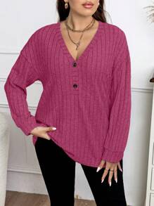 EMERY ROSE Plus Size Solid Color Ribbed Knit T-Shirt