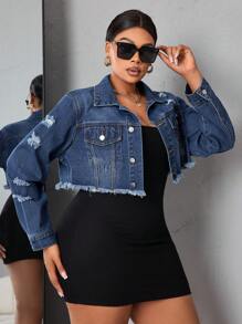 SHEIN SXY Kích thước lớn Của phụ nữ Ngắn Áo khoác denim Với Frayed Hem - Rửa tối - Xem 6