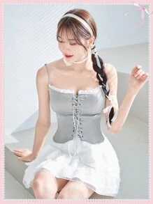 SHEINNeu Top de verano tipo camiseta de tirantes con lazo y encaje en contraste, estilo balletcore - Gris - Ver 3