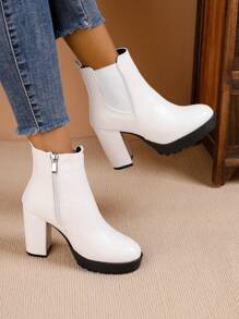 女性厚底高跟防水平臺圓頭彈力側拉鍊時尚白色靴子,適用於春季、秋季、冬季 - 白色 - 查看 2