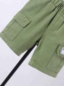 SHEIN Joven Niño Básico Bordado Decoración Cintura Elástica Cómodo Y Suave Pantalones Cortos De Mezclilla Verde - Verde - Ver 3