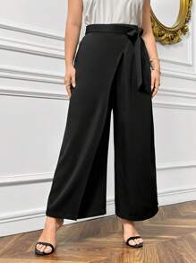 SHEIN Privé Solid Color Front Wrap Tie-Waist Wide Leg Pants, Mountain Inspired - Black - View 5