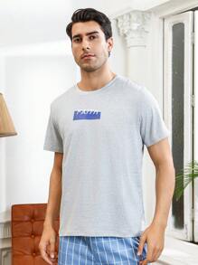 Men'S Short Sleeve Home Service Letter Print Top - Grey - View 6