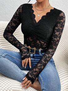 SHEIN Frenchy Women's Lace & Pleated Top - Black - View 3