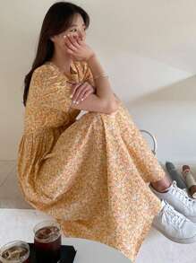 DAZY 女士短袖圆领碎花连衣裙田园风连衣裙吊带裙度假装 - 亮橙色 - 查看 4