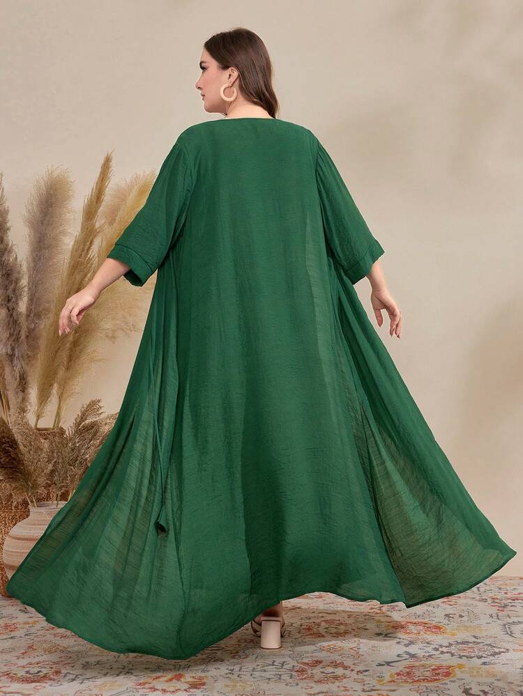 Plus Size Women'S Modest Fringed Decorated Coat And Floral Printed Sleeveless Dress 2pcs/Set 2 Piece Set