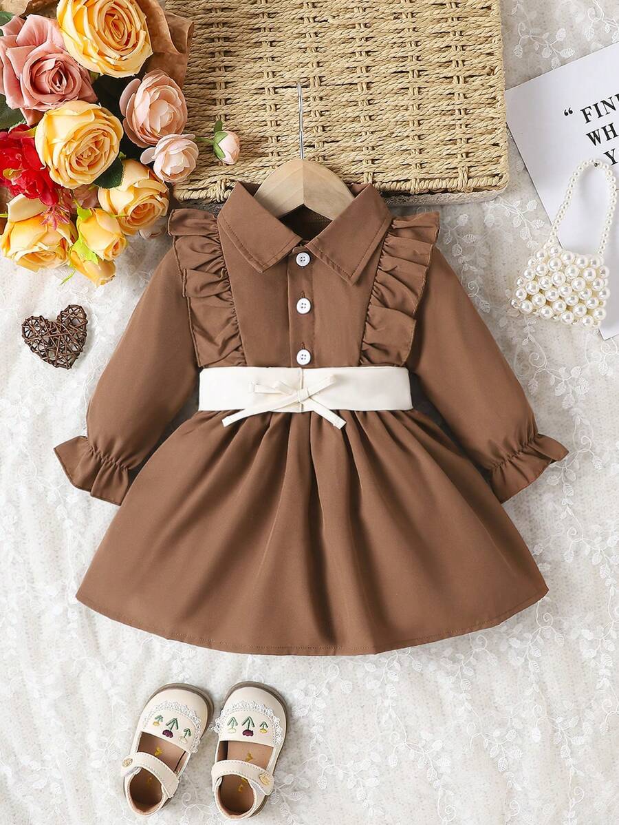 Baby Girl Ruffle Trim Flare Sleeve Shirt Dress - Coffee Brown - View 1