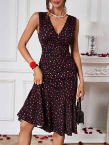 SHEIN Clasi 女性無袖愛心印花裙 - 黑色 - 查看 1