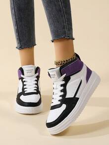 女士時尚高筒運動鞋,簡約色塊街頭風格綁帶運動鞋,舒適輕量紫黑色滑板鞋 - 黑紫色 - 查看 2