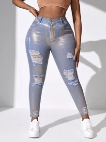 SHEIN SXY 加大尺寸女性金屬破壞款牛仔褲 - 金色 - 查看 1