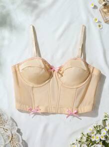 SHEIN Romantic Vintage Apricot Knitted Corset Bralette Top With Bow Detail Medium Stretch Bustier - Apricot - View 3