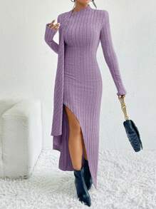 SHEIN Privé 女款側開衩長袖羅紋洋裝 - 淡紫色 - 查看 5