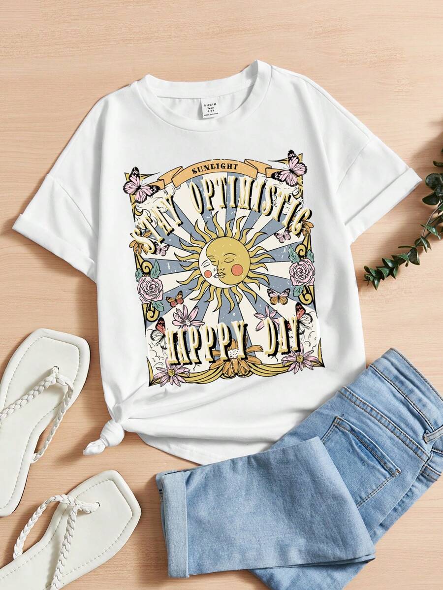 Teen Girl Casual Cartoon Pattern Short Sleeve T-Shirt, Suitable For Summer - White - View 1