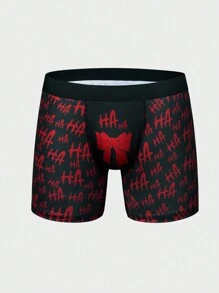 Men'S Printed Square Cut Boxer Briefs With Letter & Bowknot Pattern - Red - View 1
