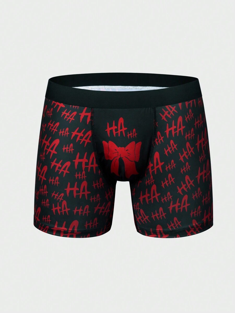Men'S Printed Square Cut Boxer Briefs With Letter & Bowknot Pattern - Red - View 1
