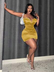 Slaydiva 女裝大碼純色毛邊拼接連衣裙 - 黃色 - 查看 4