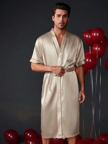 Valentine's Day Men's Color Block Belted Robe With Rolled Edge - Yellow - View 4