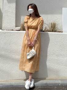 DAZY 女士短袖圆领碎花连衣裙田园风连衣裙吊带裙度假装 - 亮橙色 - 查看 3