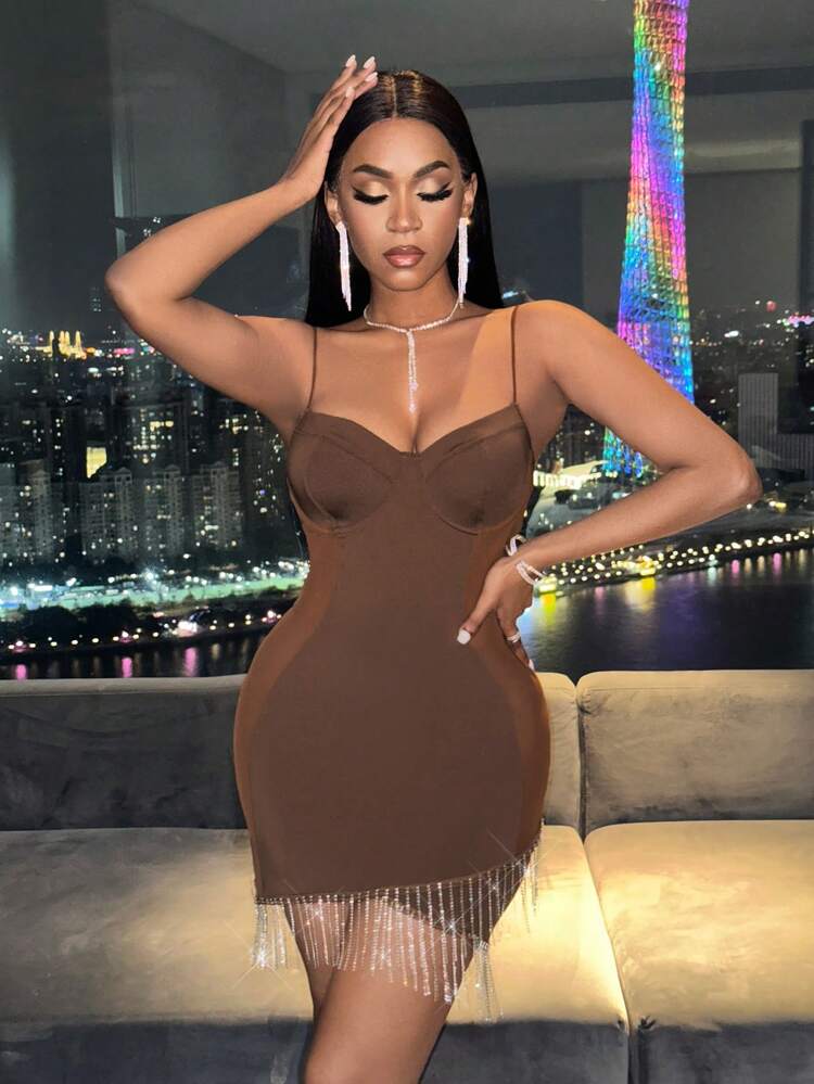 Rhinestone & Tassel Hem Design Spaghetti Strap Dress
