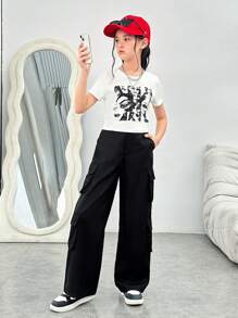 SHEIN Set de pantaloni procesați și top cu mânecă scurtă, tricot, cu gât rotund, îmbrăcăminte de stradă sport pentru fete