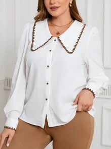 SHEIN Frenchy Camisa De Manga Larga Lisa Con Cuello De Declaración Y Ribete De Contraste En Tallas Grandes - Blanco - Ver 3