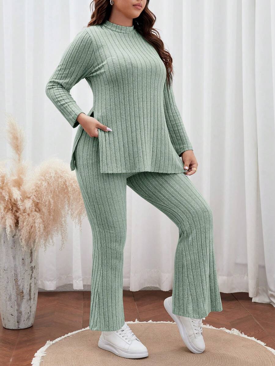 SHEIN Frenchy 加大尺碼女士側分鉸緞長袖t恤和褲套裝 - 薄荷綠 - 查看 1