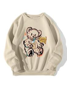 SHEIN EZwear Women's Letter & Bear Printed Round Neck Sweatshirt - Beige - View 1