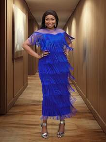 大码女式纯色透视网眼拼接流苏圣诞派对连衣裙