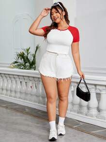 SHEIN EZwear 情人節針織拼接大尺碼女士網球短袖T恤 - 紅白色 - 查看 4