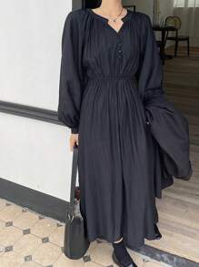 DAZY Notched Neckline Lantern Sleeve Dress - Navy Blue - View 2