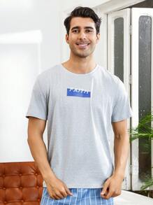 Men'S Short Sleeve Home Service Letter Print Top - Grey - View 3