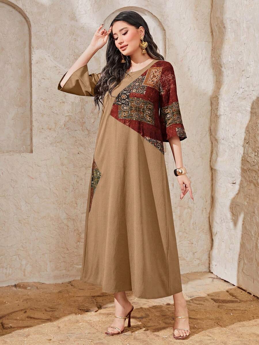 Seusyu Women's Arabian-Inspired Botanical Print Dress, Modest - Brown - View 1