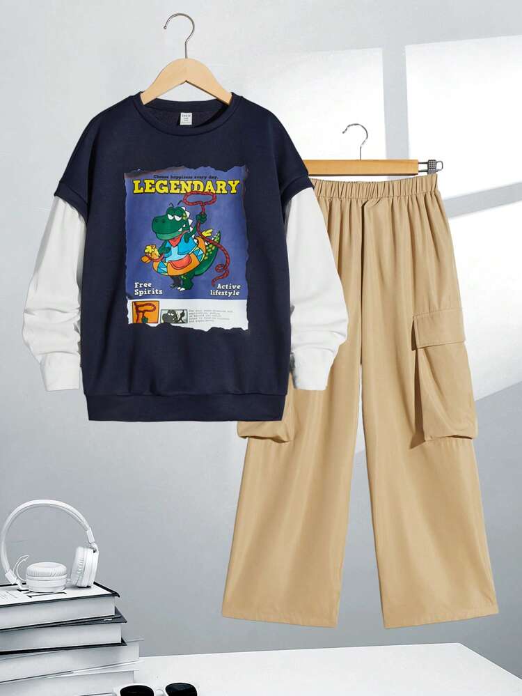 Tween Boys' Casual Printed Pattern & Colorblock Sleeve Woven Neck Pullover Sweater And Woven Pants Suit