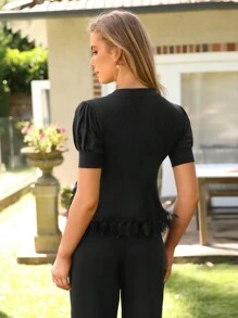 Anewsta 女式泡泡袖針織上衣,花瓣裝飾下擺 - 黑色 - 查看 2